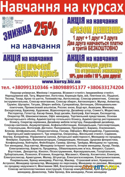 Курси кондитер, сушист, піццеолі, пекар, бармен