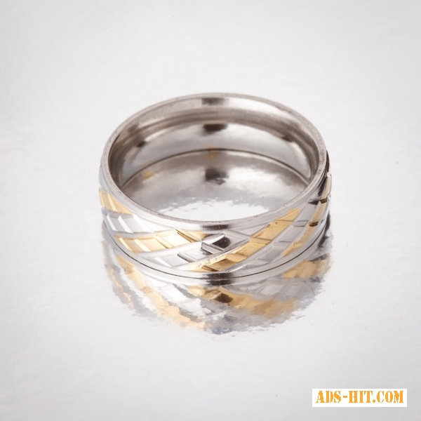 Кольцо Обручка под серебро с золотом рефленое